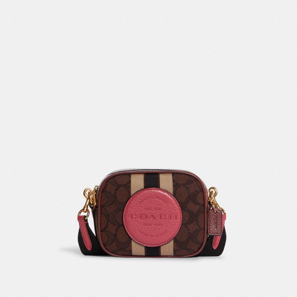 COACH®,MINI DEMPSEY CAMERA BAG IN SIGNATURE JACQUARD WITH STRIPE AND COACH PATCH,cotton,Mini,Gold/Chestnut Strwbrry Hze,Front View