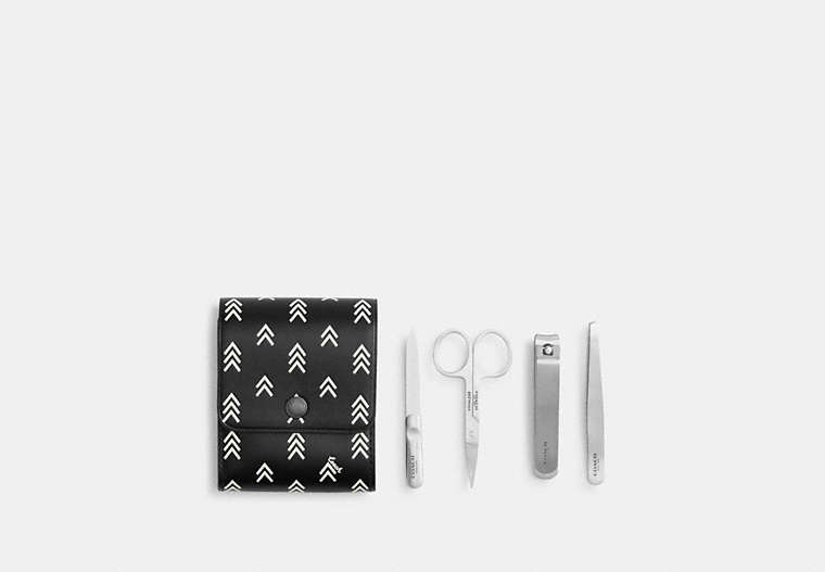 COACH®,BOXED GROOMING KIT WITH LINE ARROW PRINT,Black/Chalk,Front View