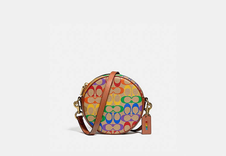 COACH®,CIRCLE CROSSBODY IN RAINBOW SIGNATURE CANVAS,Signature Coated Canvas/Smooth Leather,Small,Brass/Tan Penny Multi,Front View