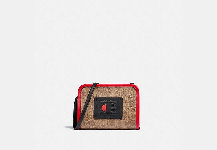COACH®,COACH X CHAMPION RECTANGLE POUCH IN SIGNATURE CANVAS,Signature Coated Canvas,Brass/Tan Red,Front View