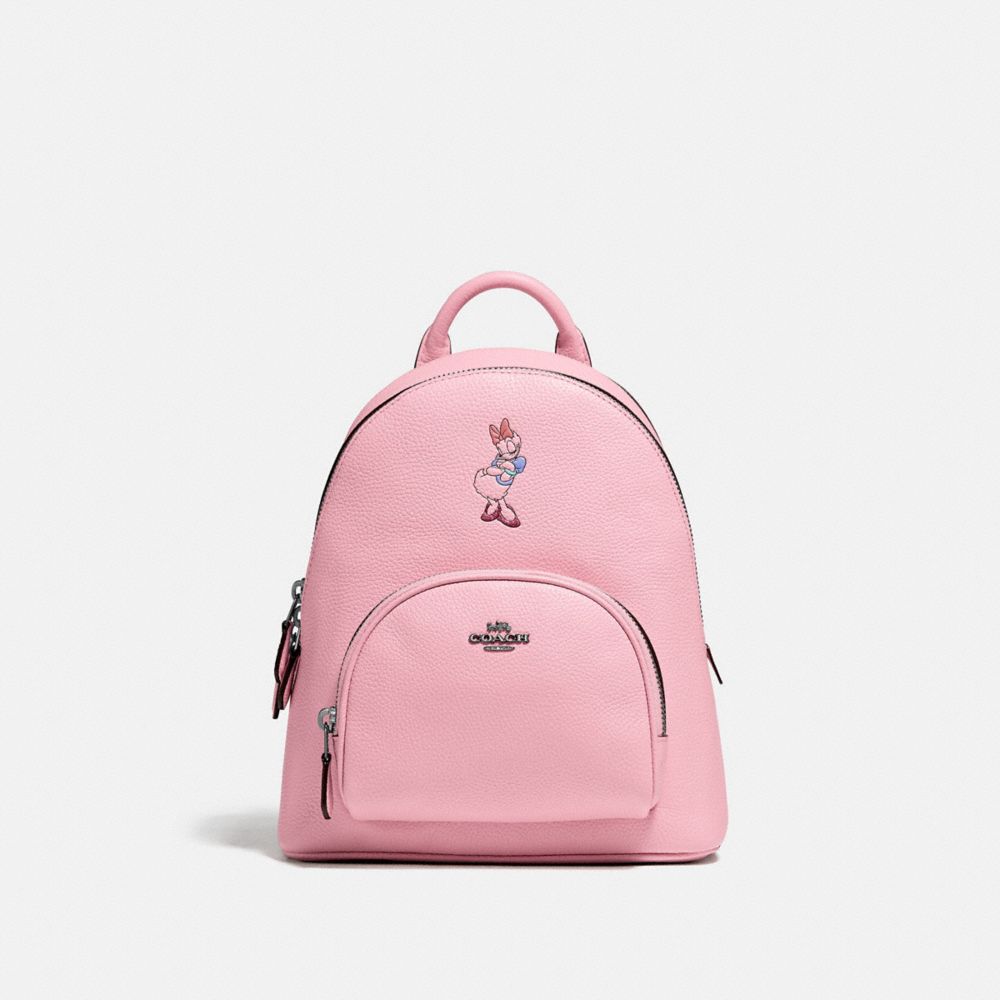 COACH®,DISNEY X COACH CARRIE BACKPACK 23 WITH DAISY DUCK MOTIF,Pebble Leather,Medium,Pewter/Powder Pink,Front View