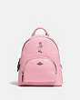 COACH®,DISNEY X COACH CARRIE BACKPACK 23 WITH DAISY DUCK MOTIF,Pebble Leather,Medium,Pewter/Powder Pink,Front View