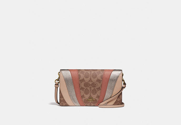 COACH®,HAYDEN FOLDOVER CROSSBODY CLUTCH BAG IN SIGNATURE CANVAS WITH WAVE PATCHWORK,Leather,Mini,Brass/Tan Multi,Front View