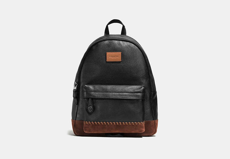 COACH®,MODERN VARSITY CAMPUS BACKPACK IN PEBBLE LEATHER,Leather,Large,BLACK/MAHOGANY,Front View