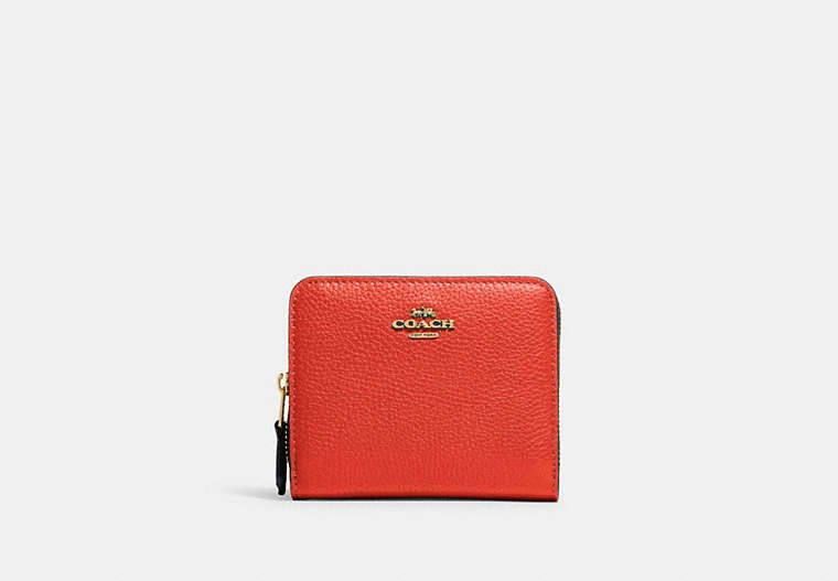 COACH®,BILLFOLD WALLET IN COLORBLOCK,Pebble Leather,Mini,Brass/Red Orange Multi,Front View