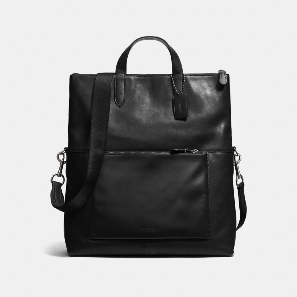 COACH®,MANHATTAN FOLDOVER TOTE IN LEATHER,n/a,Black Antique Nickel/Black,Front View