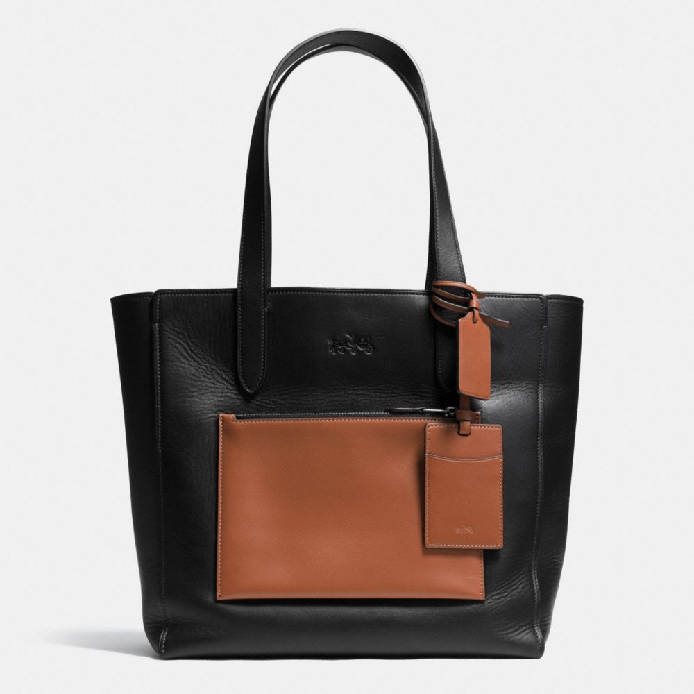 COACH®,MANHATTAN TOTE IN LEATHER,Leather,Large,Black/Saddle,Front View