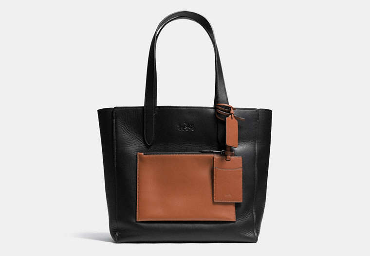 COACH®,MANHATTAN TOTE IN LEATHER,Leather,Large,Black/Saddle,Front View