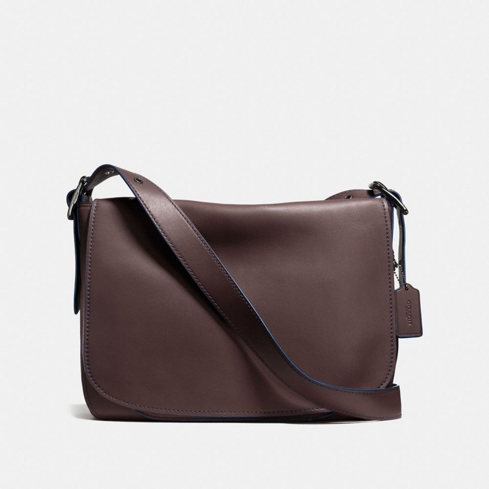 COACH®,SADDLE BAG MESSENGER 38 IN GLOVETANNED LEATHER,Leather,Dark Gunmetal/Mahogany/Denim,Front View