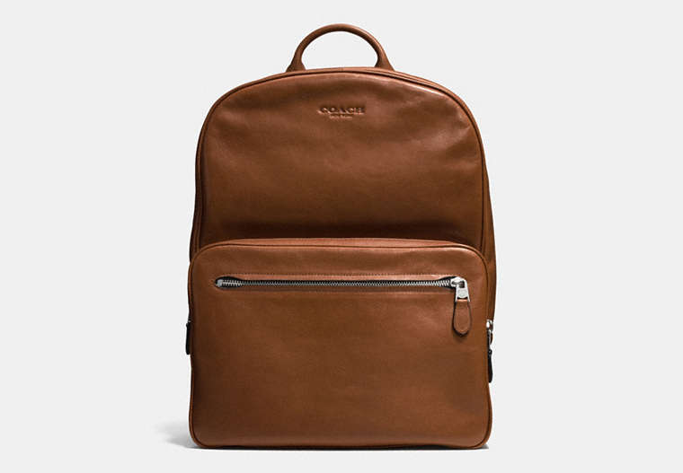 COACH®,HUDSON BACKPACK IN SPORT CALF LEATHER,Leather,Large,Silver/Dark Saddle,Front View