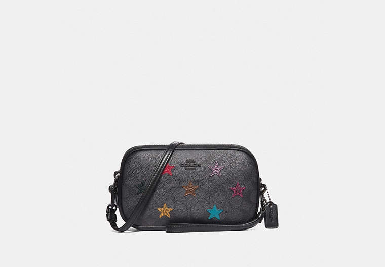 COACH®,SADIE CROSSBODY CLUTCH IN SIGNATURE CANVAS WITH STAR APPLIQUE AND SNAKESKIN DETAIL,Coated Canvas,Charcoal/Multi/Pewter,Front View