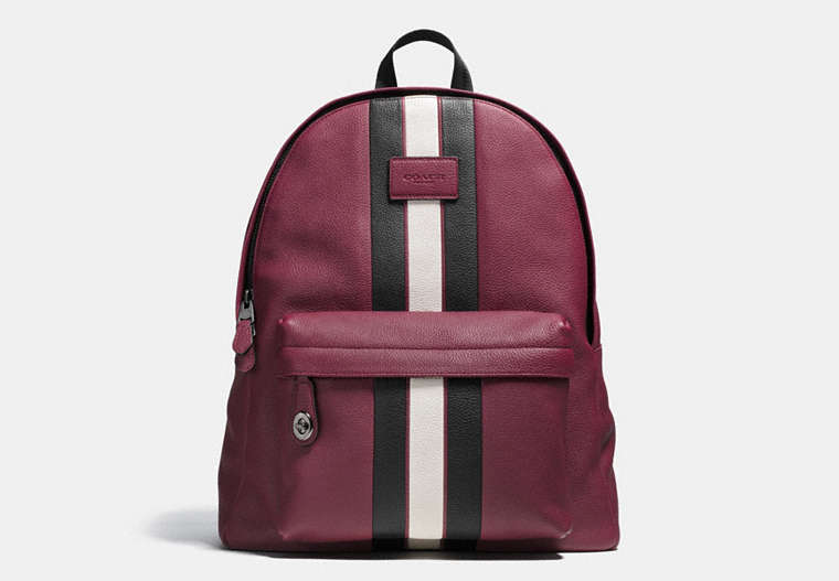 COACH®,CAMPUS BACKPACK WITH VARSITY STRIPE,Leather,Large,QB/BURGUNDY/CHALK,Front View