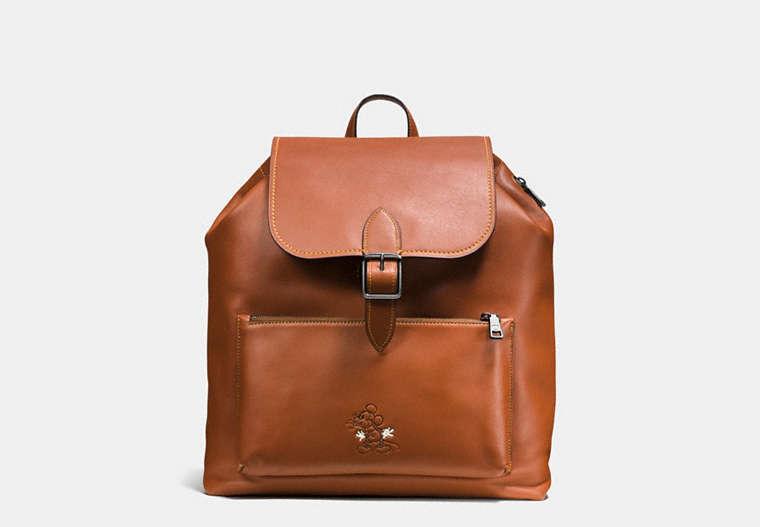 COACH®,MICKEY RAINGER BACKPACK IN GLOVETANNED LEATHER,Leather,Large,Dark Saddle,Front View