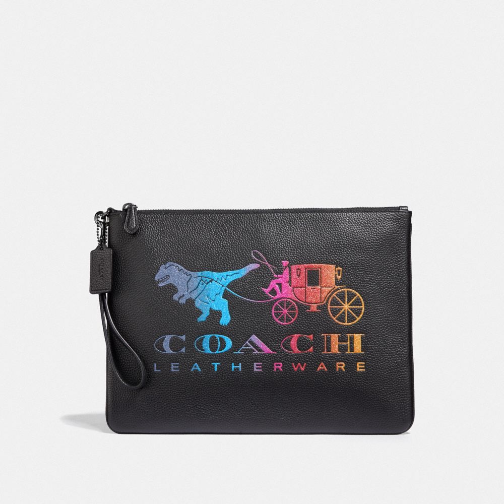 COACH®,LARGE WRISTLET 30 WITH REXY AND CARRIAGE,Leather,Gunmetal/Black Multi,Front View image number 0