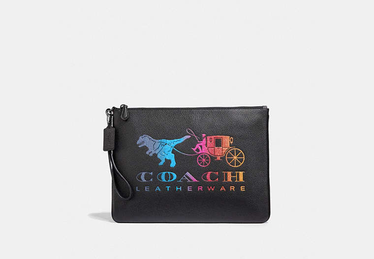 COACH®,LARGE WRISTLET 30 WITH REXY AND CARRIAGE,Leather,Gunmetal/Black Multi,Front View