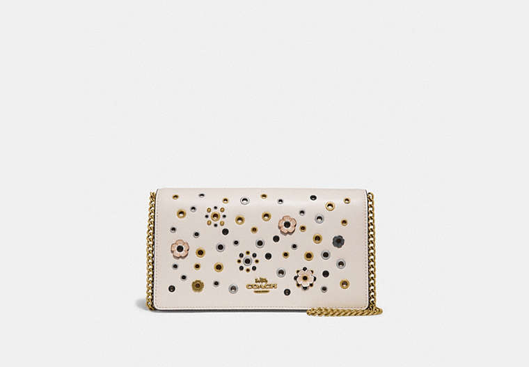COACH®,CALLIE FOLDOVER CHAIN CLUTCH WITH SCATTERED RIVETS,Leather,Mini,Brass/Chalk Multi,Front View image number 0