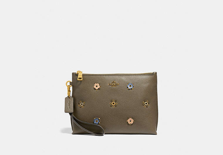 COACH®,CHARLIE POUCH WITH SCATTERED RIVETS,Leather,Small,Brass/Moss,Front View