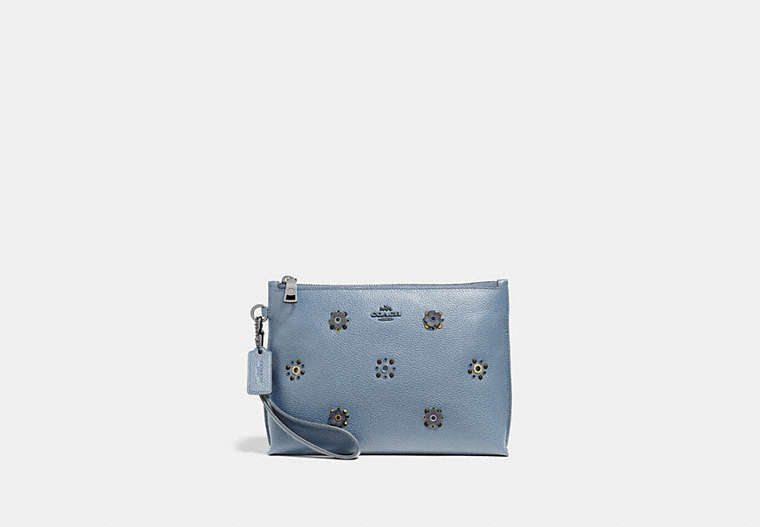 COACH®,CHARLIE POUCH WITH SCATTERED RIVETS,Leather,Small,Pewter/Mist,Front View