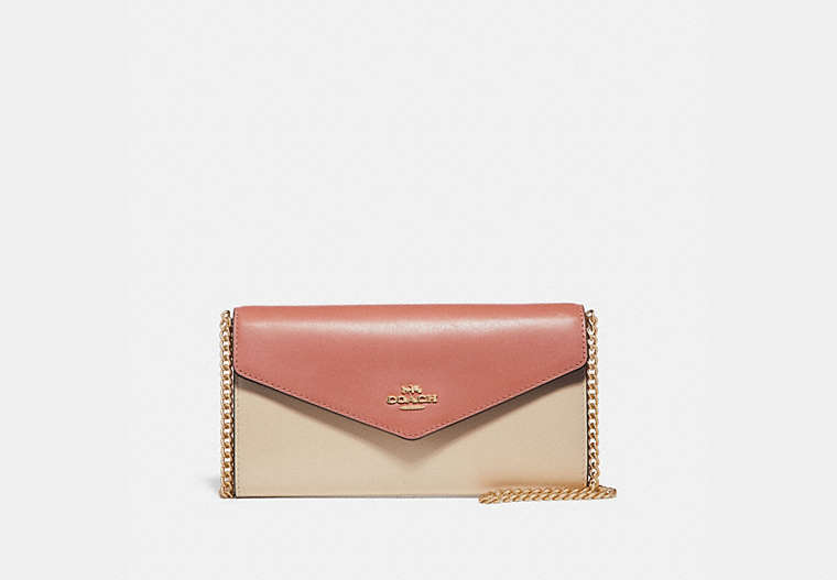 COACH®,ENVELOPE CHAIN WALLET IN COLORBLOCK,Leather,Gold/Light Peach Multi,Front View