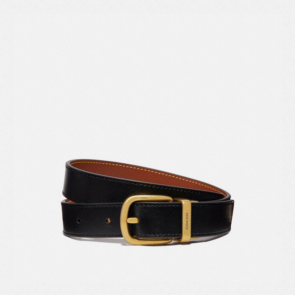 COACH®,HARNESS BUCKLE REVERSIBLE BELT, 25MM,Leather,Brass/Black/1941 Saddle,Front View image number 0