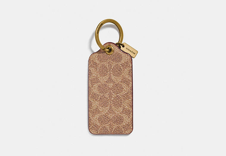 COACH®,KEY RING IN SIGNATURE CANVAS,Leather,Brass/Khaki,Front View