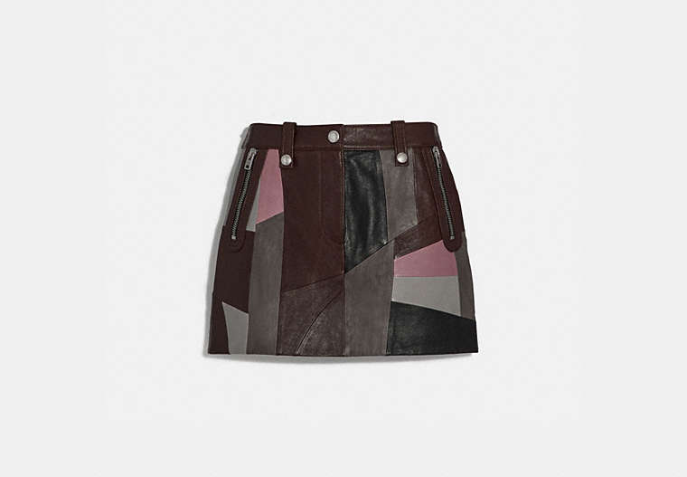 COACH®,LEATHER PATCHWORK MINI SKIRT,Leather,Pink Multi,Front View