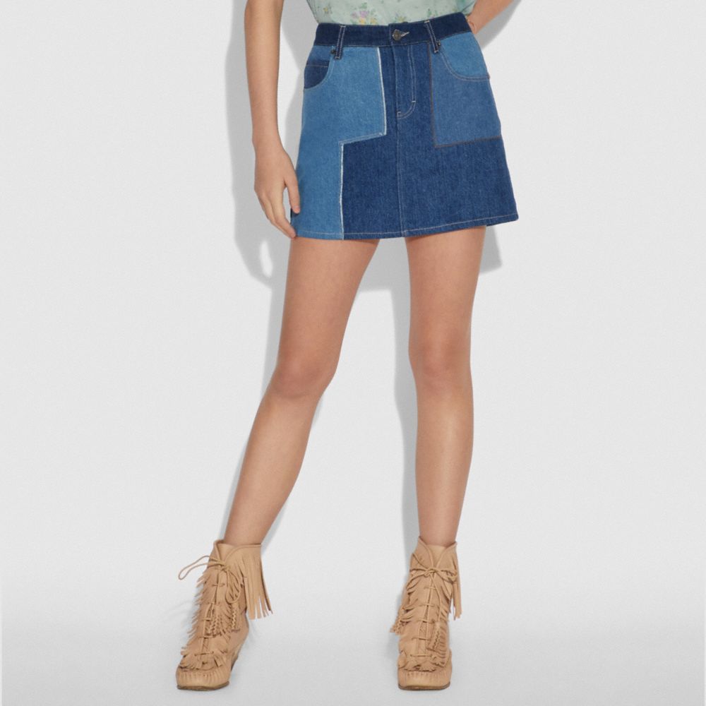 Denim Patchwork Bustier & Asymmetrical Skirt Set