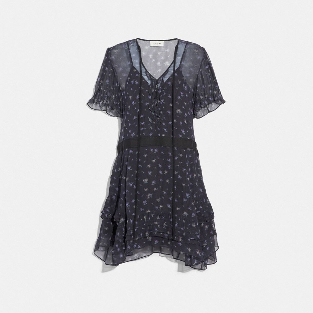 COACH®,SCATTERED ROSE PRINT SHORT DRESS,Silk,NAVY,Front View