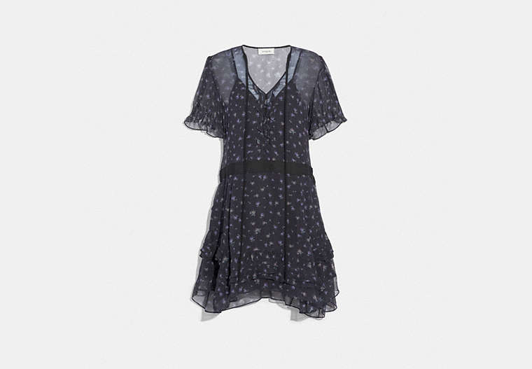 COACH®,SCATTERED ROSE PRINT SHORT DRESS,Silk,NAVY,Front View