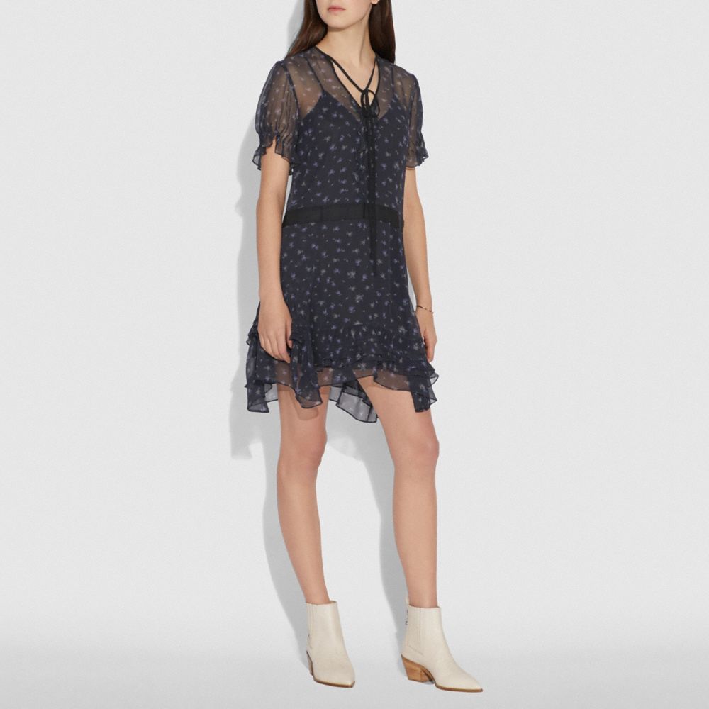 COACH®,SCATTERED ROSE PRINT SHORT DRESS,Silk,NAVY,Scale View