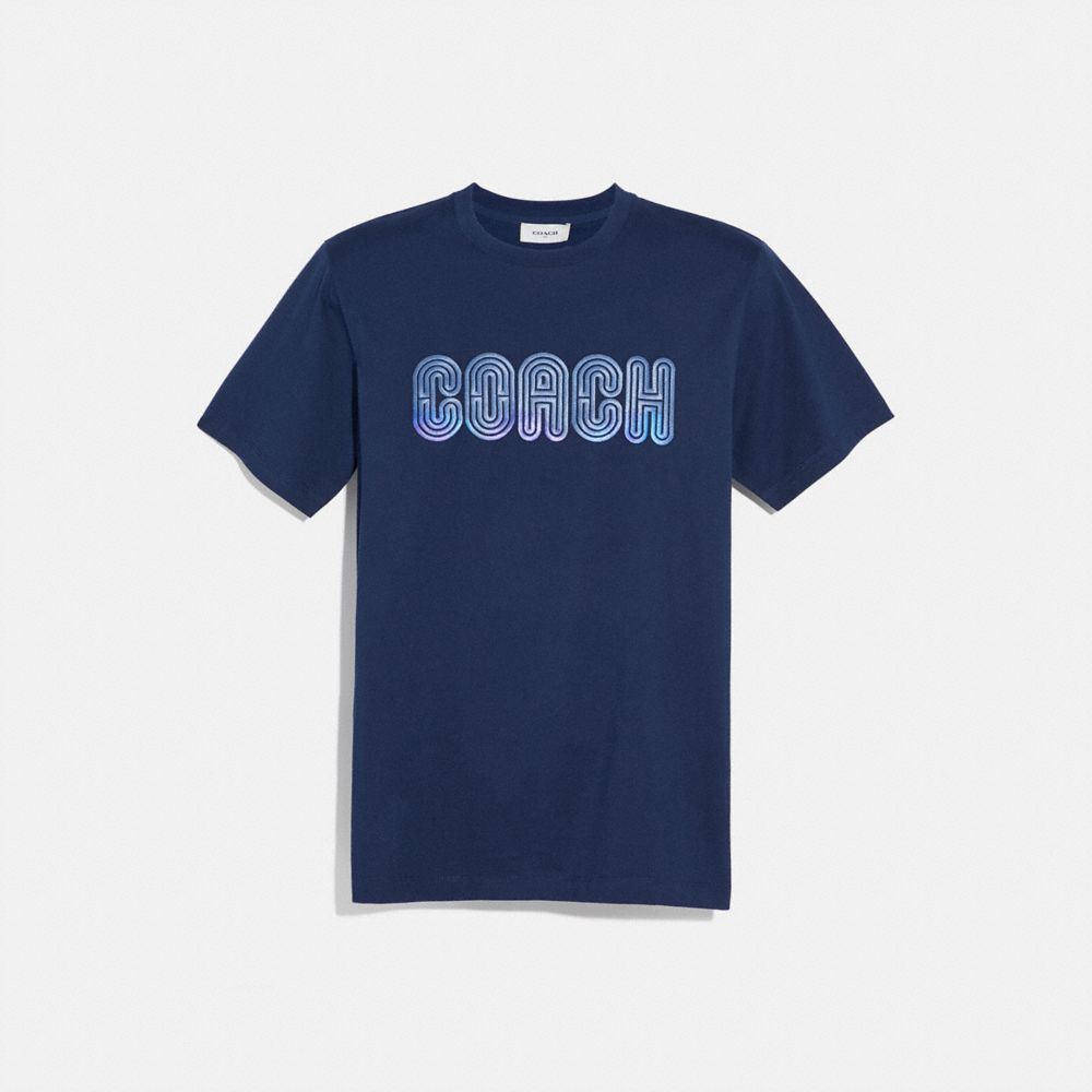 COACH®,EMBROIDERED COACH PRINT T-SHIRT,n/a,Dark Blue,Front View