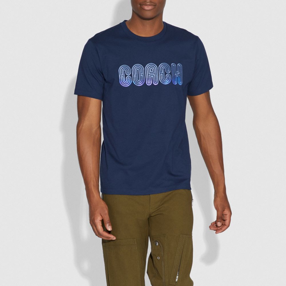 COACH®,EMBROIDERED COACH PRINT T-SHIRT,n/a,Dark Blue,Scale View