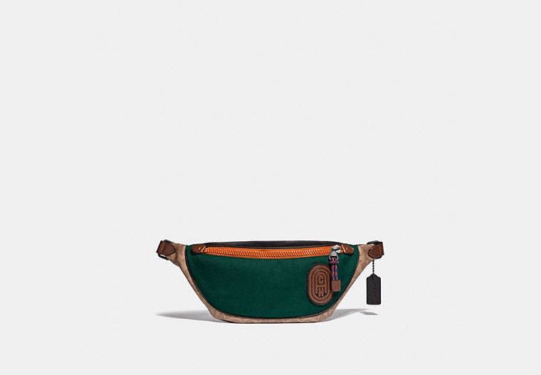 COACH®,RIVINGTON BELT BAG IN SIGNATURE CANVAS WITH COACH PATCH,Coated Canvas,Small,Black Copper/Khaki,Front View