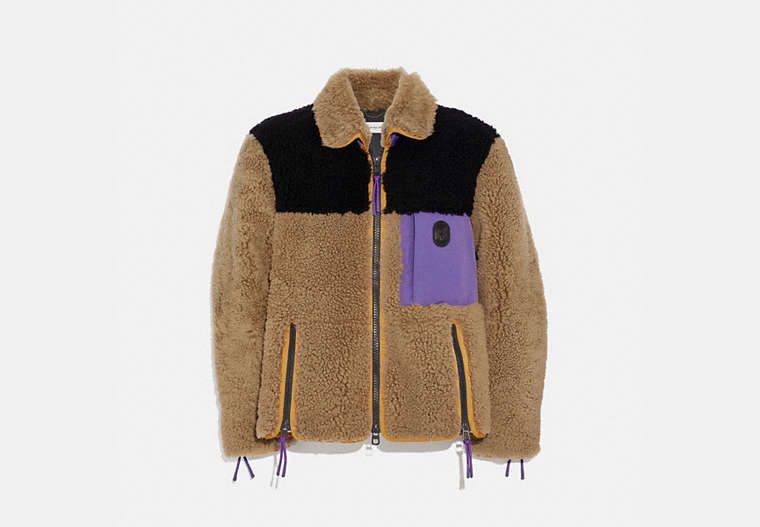 COACH®,COLORBLOCK SHEARLING JACKET,Shearling,Burnt Sienna,Front View
