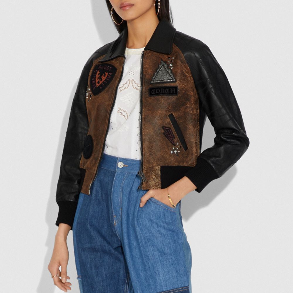 Embellished Varsity Jacket With Patchwork Sleeves