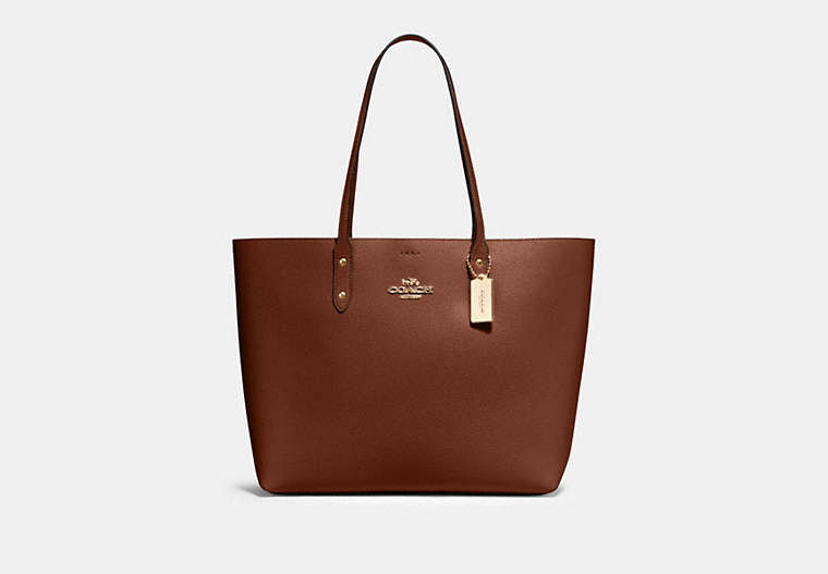 COACH®,TOWN TOTE,Pebbled Leather,Large,Gold/Saddle Terracotta,Front View