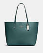 COACH®,TOWN TOTE,Pebbled Leather,Large,Silver/Dark Turquoise,Front View