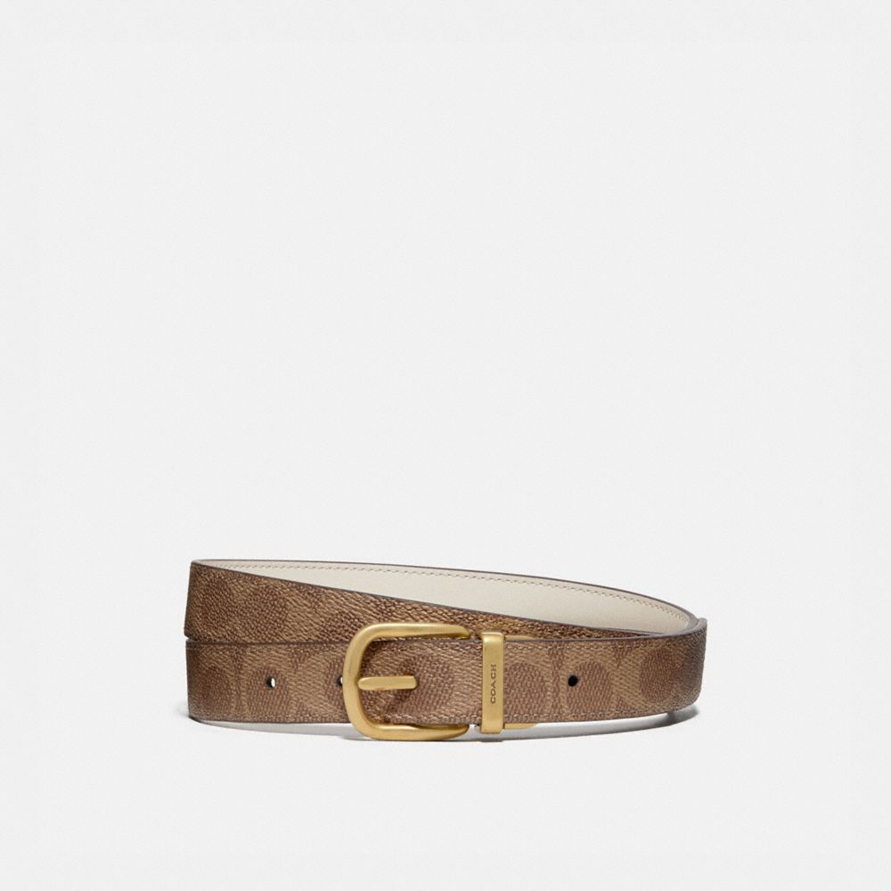 COACH®,HARNESS BUCKLE REVERSIBLE BELT, 25MM,pvc,Brass/Chalk Tan,Front View image number 0
