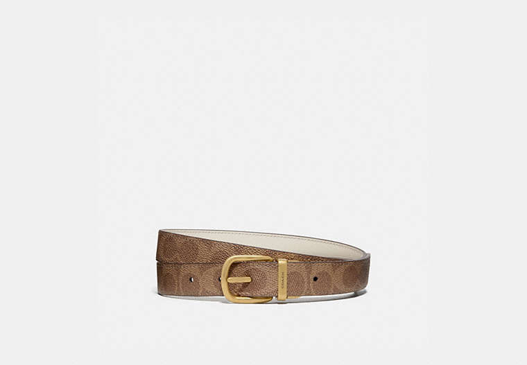 COACH®,HARNESS BUCKLE REVERSIBLE BELT, 25MM,pvc,Brass/Chalk Tan,Front View image number 0