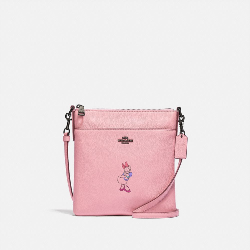 COACH®,DISNEY X COACH KITT MESSENGER CROSSBODY WITH DAISY DUCK MOTIF,Pebble Leather,Mini,Pewter/Powder Pink,Front View