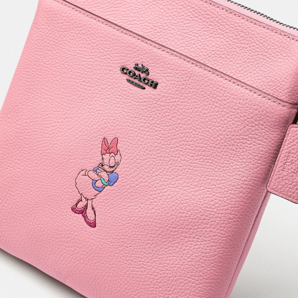 COACH®,DISNEY X COACH KITT MESSENGER CROSSBODY WITH DAISY DUCK MOTIF,Pebble Leather,Mini,Pewter/Powder Pink,Closer View