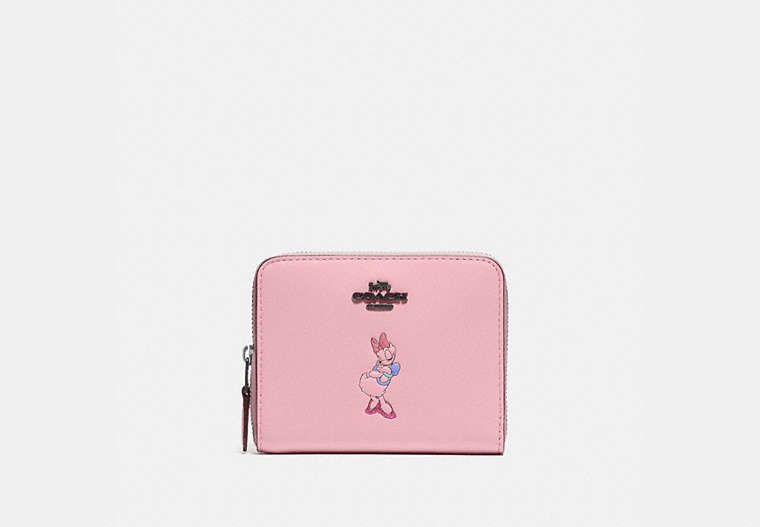 COACH®,DISNEY X COACH SMALL ZIP AROUND WALLET WITH DAISY DUCK MOTIF,Smooth Leather,Mini,Pewter/Powder Pink,Front View