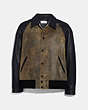 COACH®,SNAP FRONT VARSITY JACKET,Leather,Canyon Brown/Black,Front View