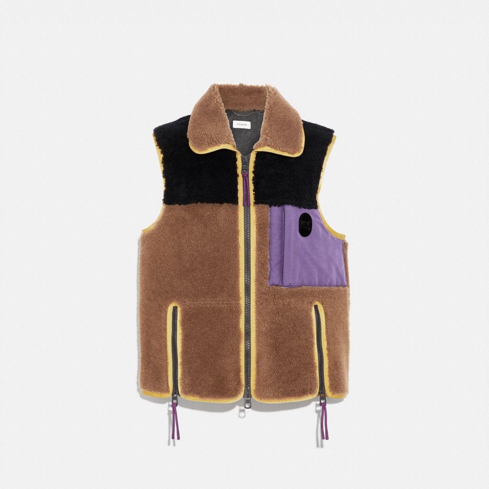 COACH®,COLORBLOCK SHEARLING VEST,n/a,Burnt Sienna,Front View image number 0
