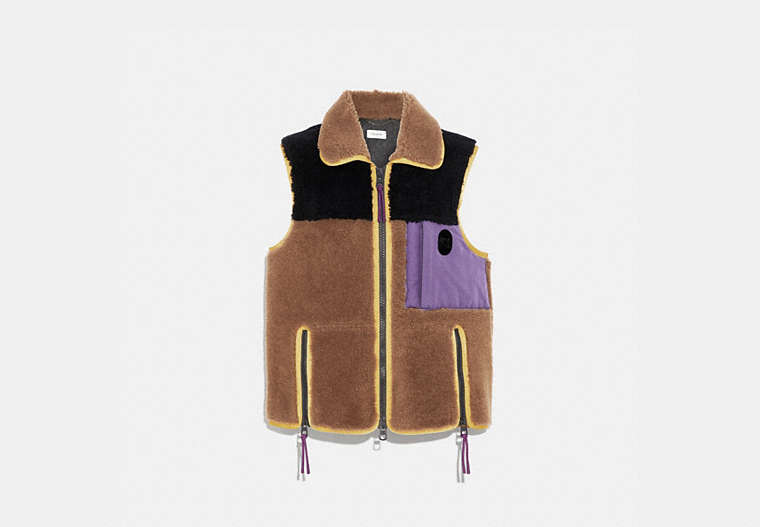 COACH®,COLORBLOCK SHEARLING VEST,n/a,Burnt Sienna,Front View