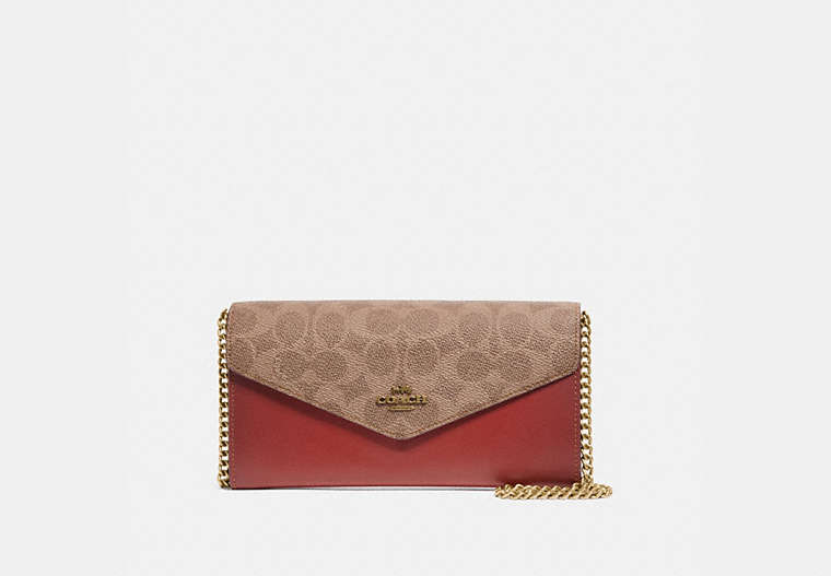 COACH®,ENVELOPE CHAIN WALLET IN COLORBLOCK SIGNATURE CANVAS,pvc,Brass/Tan/Rust,Front View image number 0