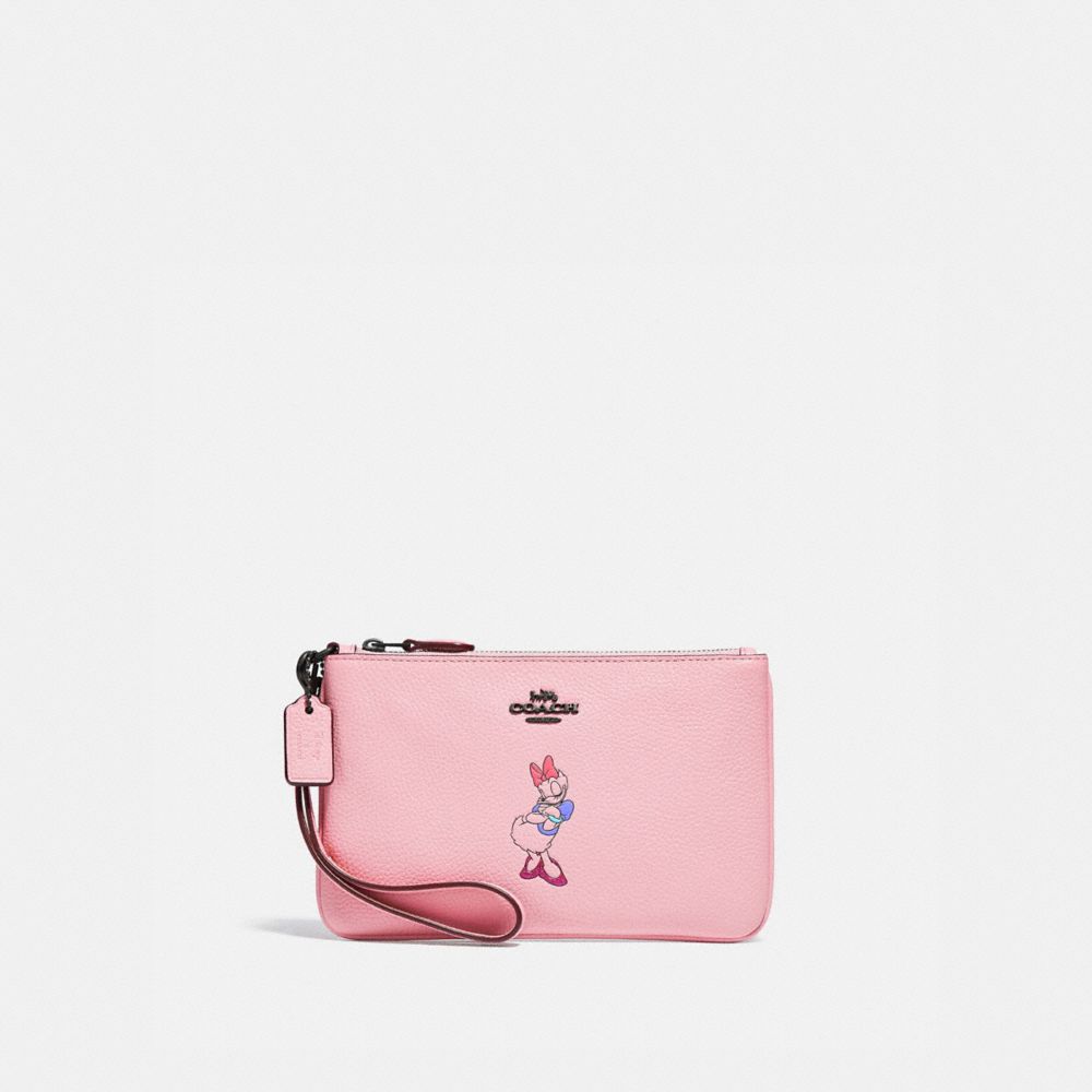 COACH®,DISNEY X COACH SMALL WRISTLET WITH DAISY DUCK MOTIF,Pebble Leather,Mini,Pewter/Powder Pink,Front View