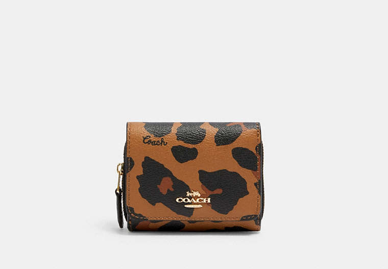 COACH®,SMALL TRIFOLD WALLET WITH LEOPARD PRINT,Gold/LIGHT SADDLE,Front View