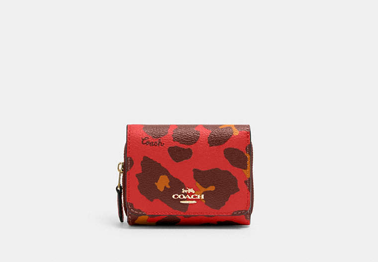COACH®,SMALL TRIFOLD WALLET WITH LEOPARD PRINT,Gold/Bright Poppy,Front View