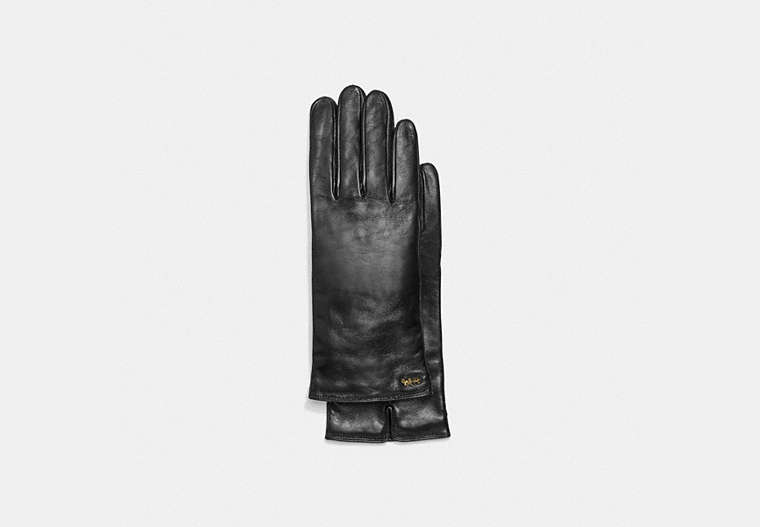 COACH®,HORSE AND CARRIAGE LEATHER TECH GLOVES,Black,Front View